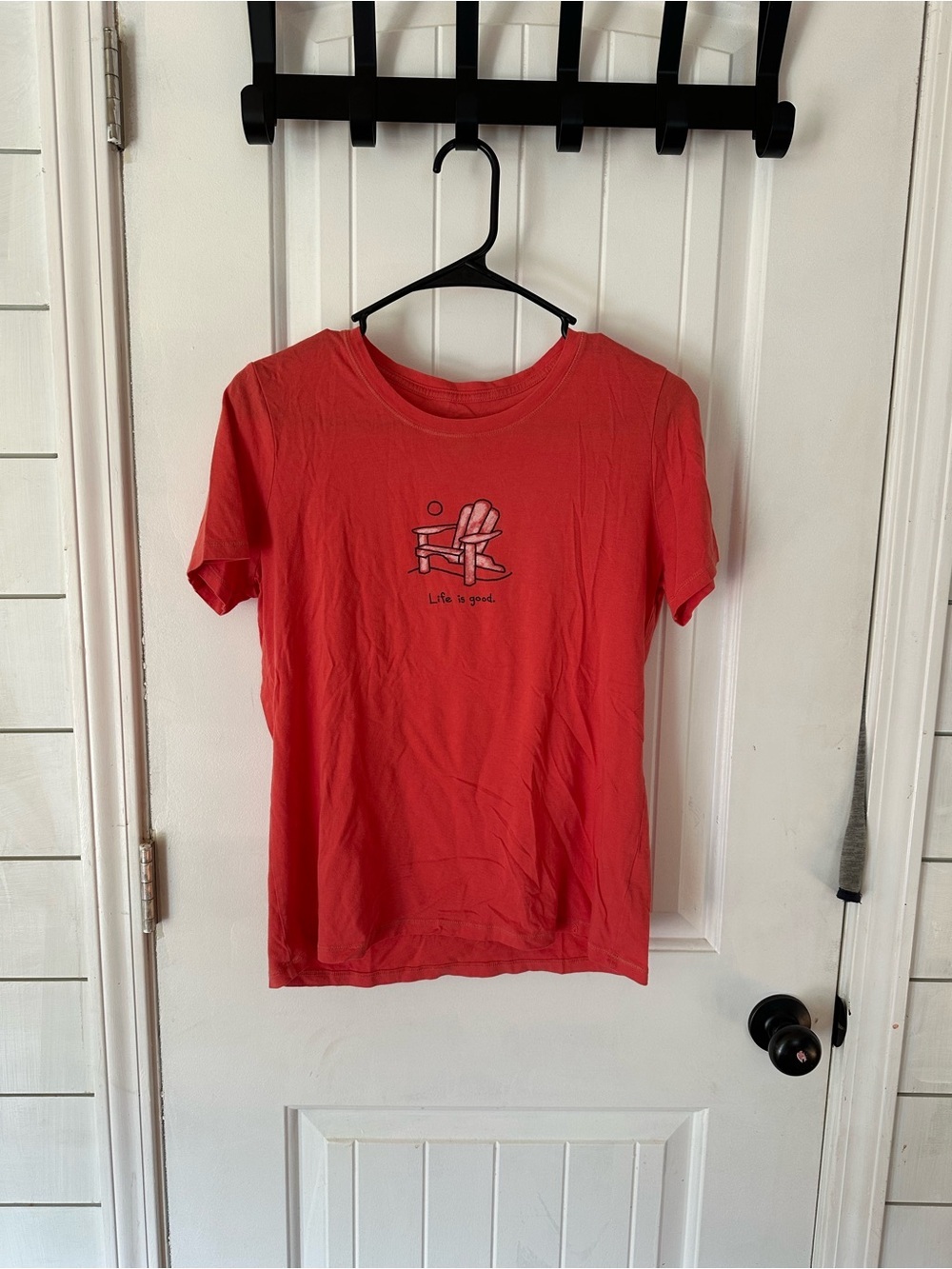 Life Is Good Coral Crewneck Tee with adrondack chair